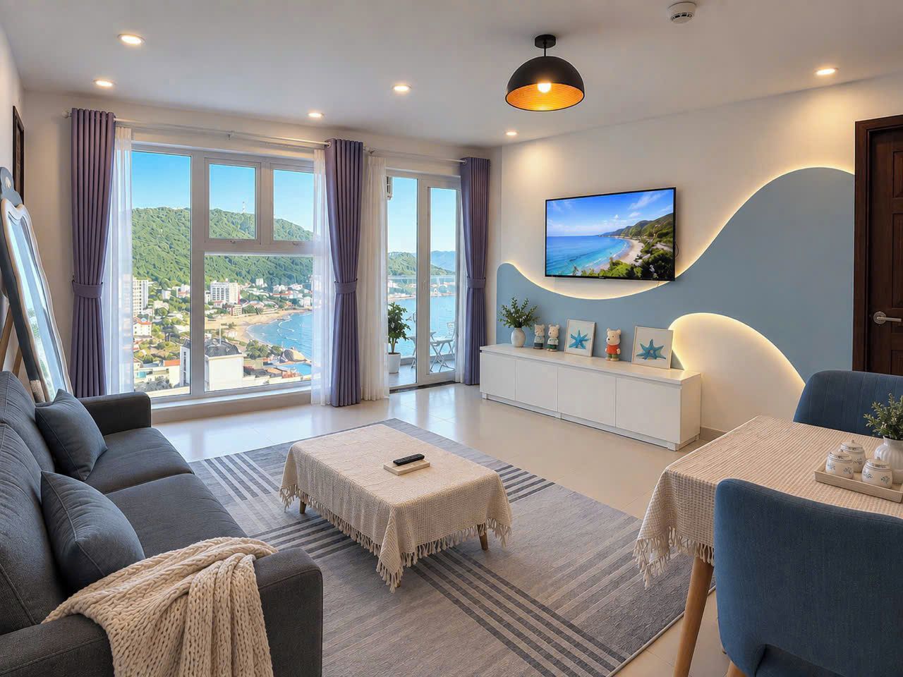 A modern living room with a sofa, coffee table, and dining table, large windows with curtains, a TV on the wall, and a view of a coastal landscape.