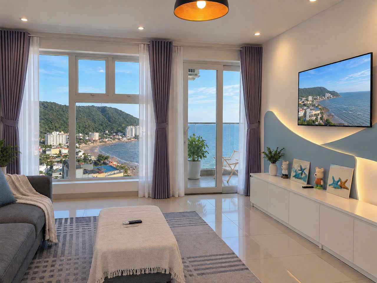 Ein modernes Wohnzimmer mit großem Fenster und Blick auf die Küste, einem an der Wand befestigten Flachbildfernseher und einer Couch mit Überwurfdecke.
