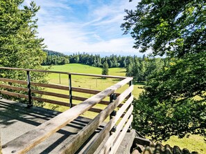 Une terrasse en bois avec une rambarde en métal, donnant sur un champ verdoyant et une zone boisée.