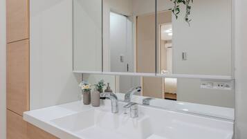 A modern bathroom with a large mirror, two sinks, and a hanging plant.