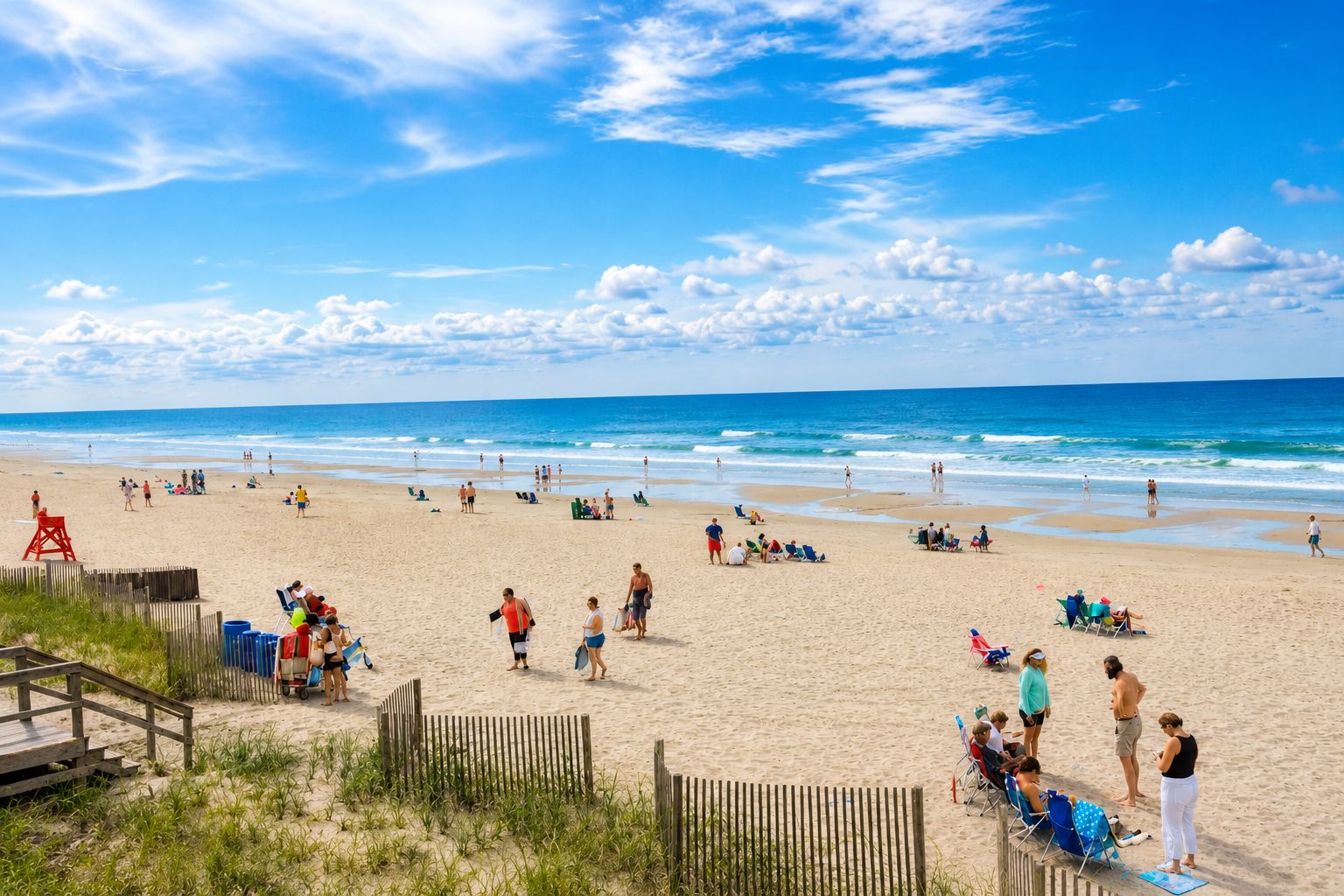 A beach with people, chairs, and a lifeguard stand.