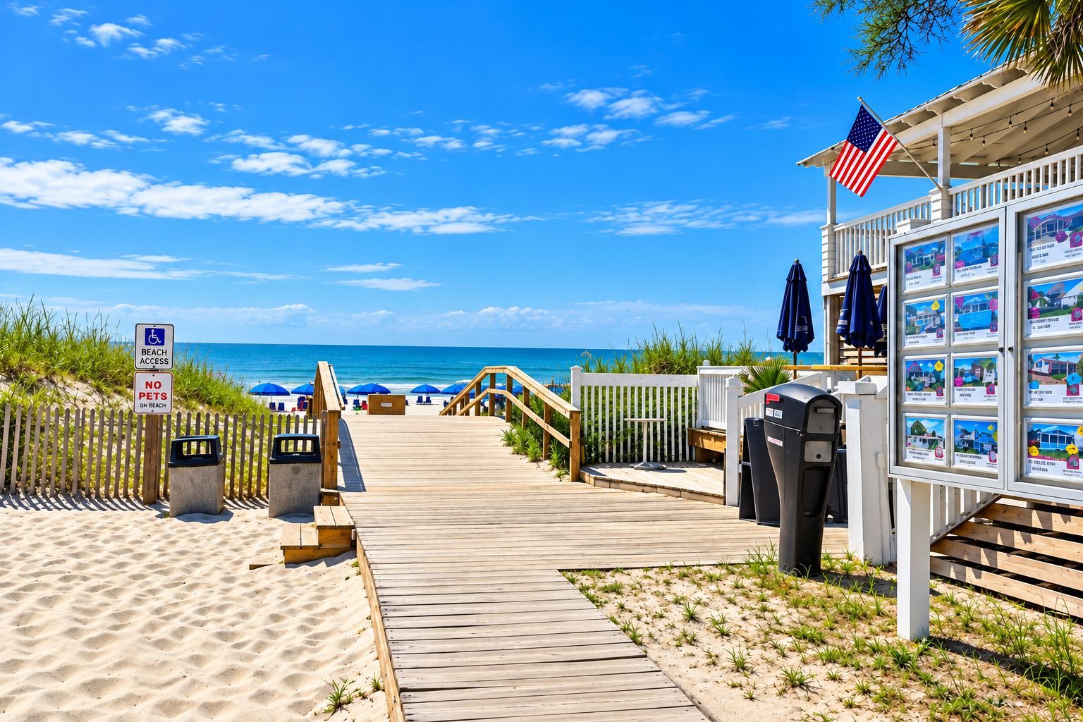 A wooden boardwalk leading to a beach with a no pets sign, a trash can, and a display of property listings.