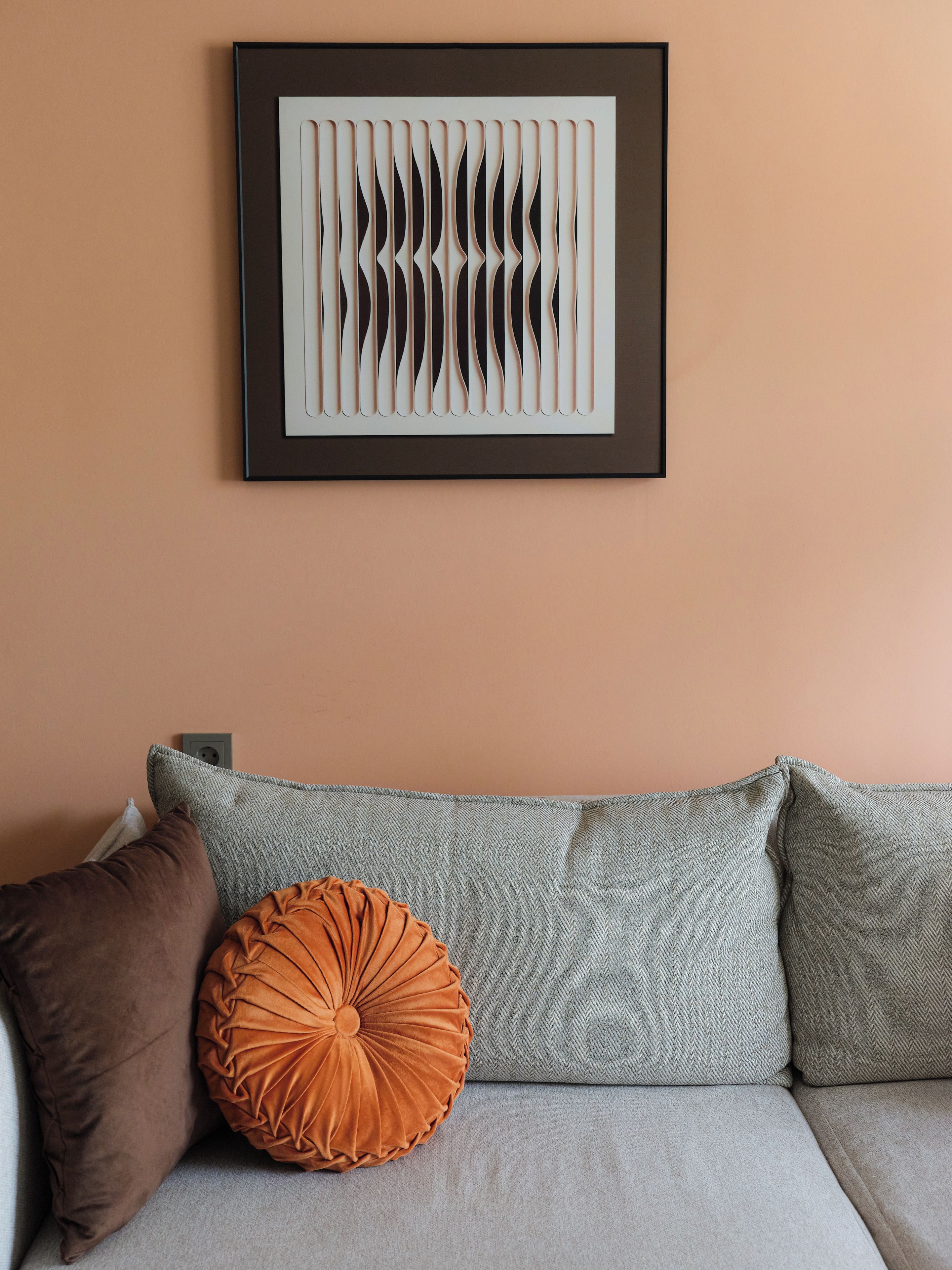 Une pièce avec un canapé gris, un coussin marron et un autre coussin à motifs.