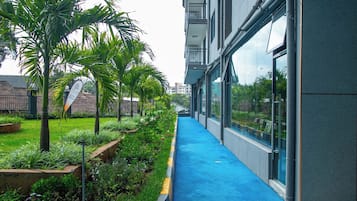 A corridor with a blue carpet, surrounded by greenery and palm trees, leading to a building with large windows.