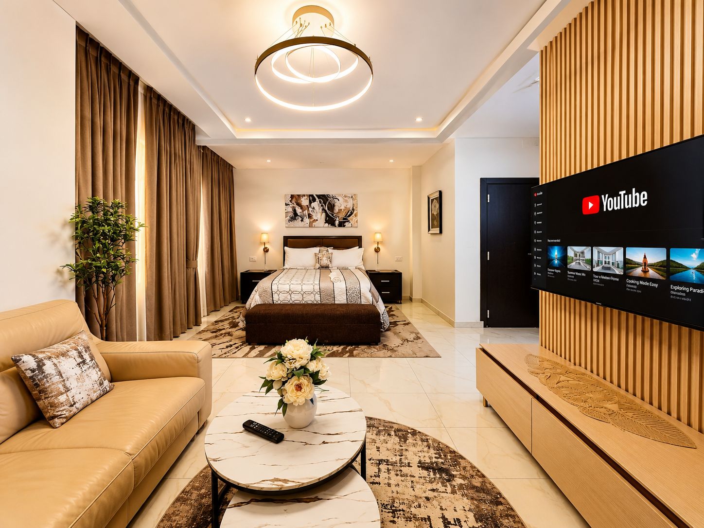 A modern hotel room with a bed, a TV mounted on the wall, a sofa, and a coffee table with a vase of flowers.