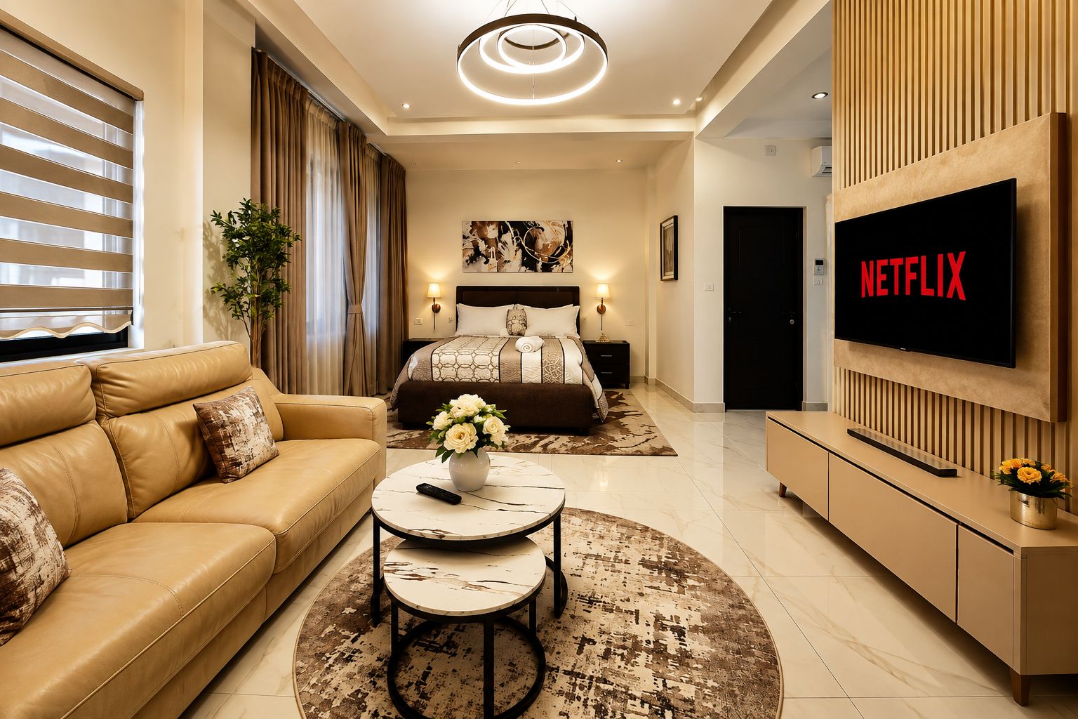 Ein modernes Hotelzimmer mit einer Couch, einem Bett, einem Fernseher und einem Couchtisch.