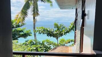 Un balcón con vistas a una playa y palmeras.
