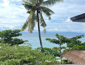 A tropical landscape with a palm tree, a thatched structure, and a view of the ocean.