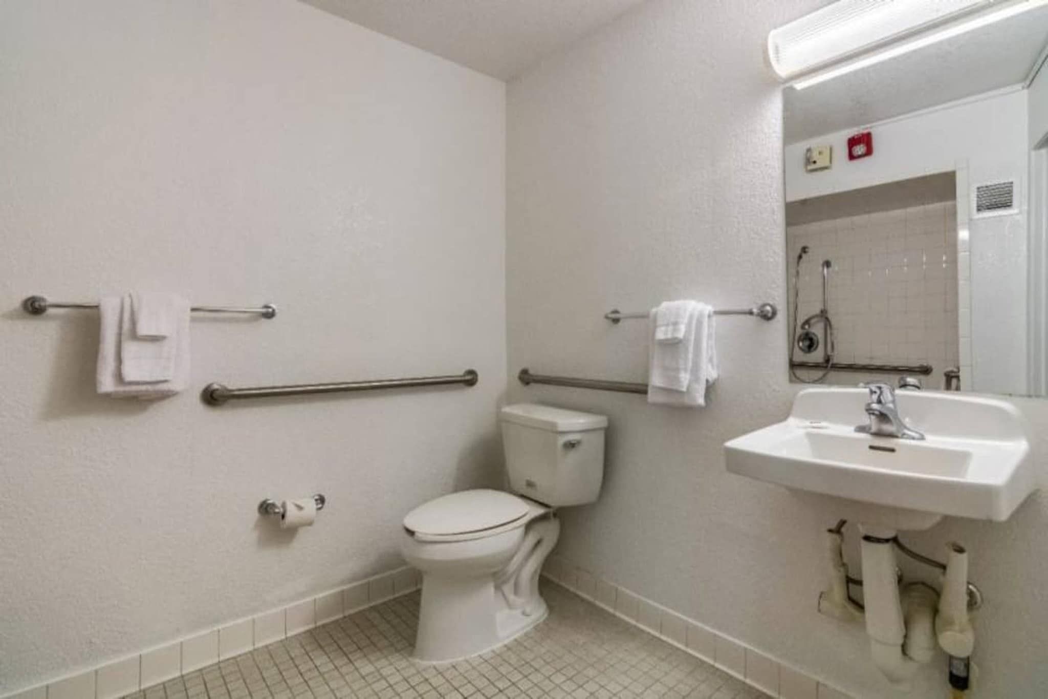 A standard bathroom with a toilet, handrails, a sink, and a mirror.