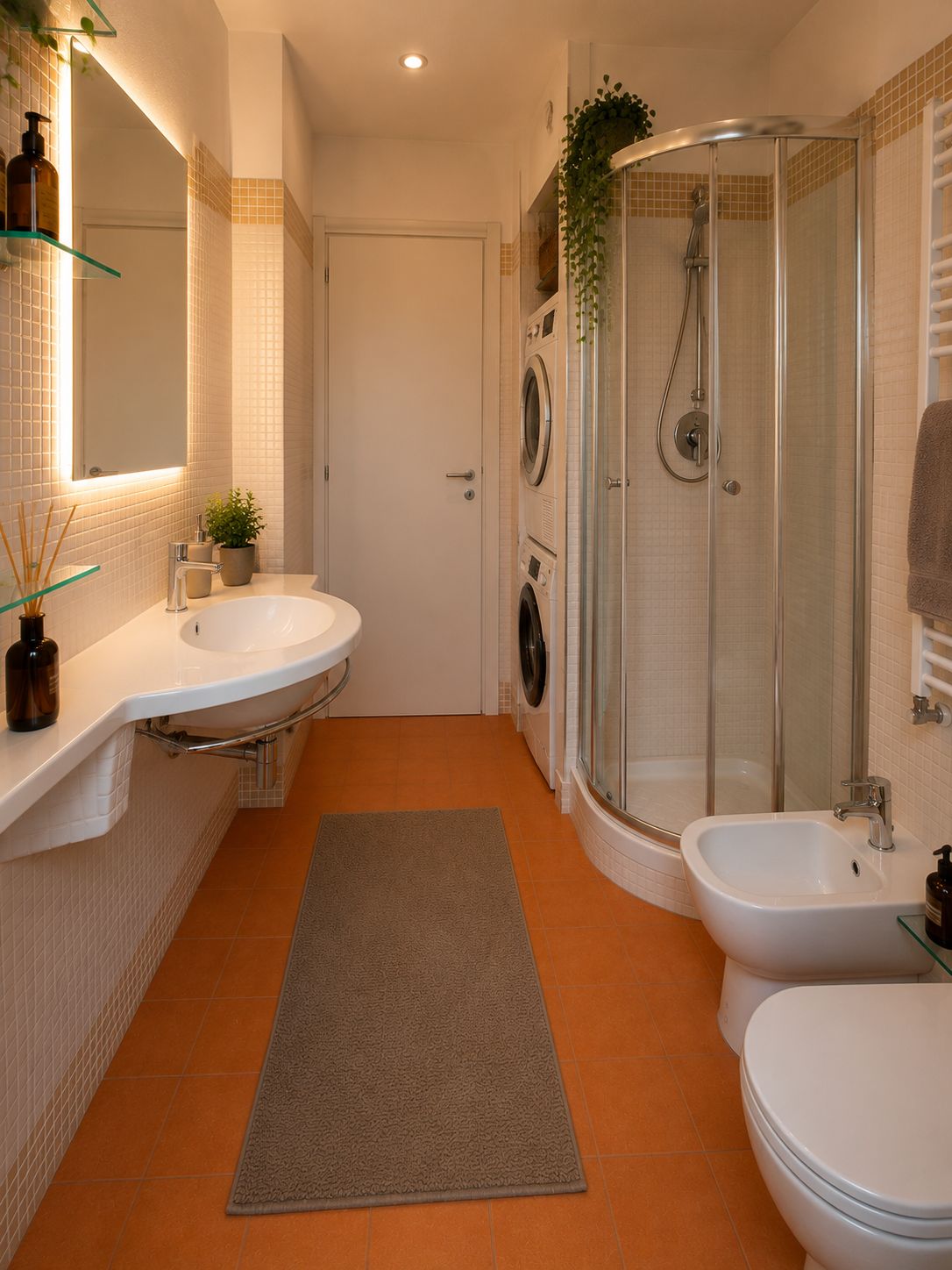 A bathroom with a shower, two sinks, a toilet, and a mirror.