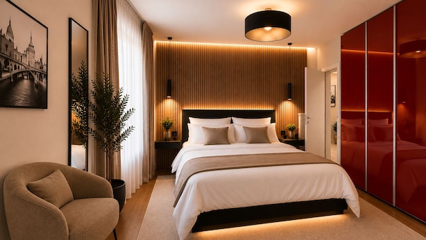 Una camera da letto moderna con un letto grande, una sedia, un armadio rosso e un quadro che raffigura uno skyline urbano.