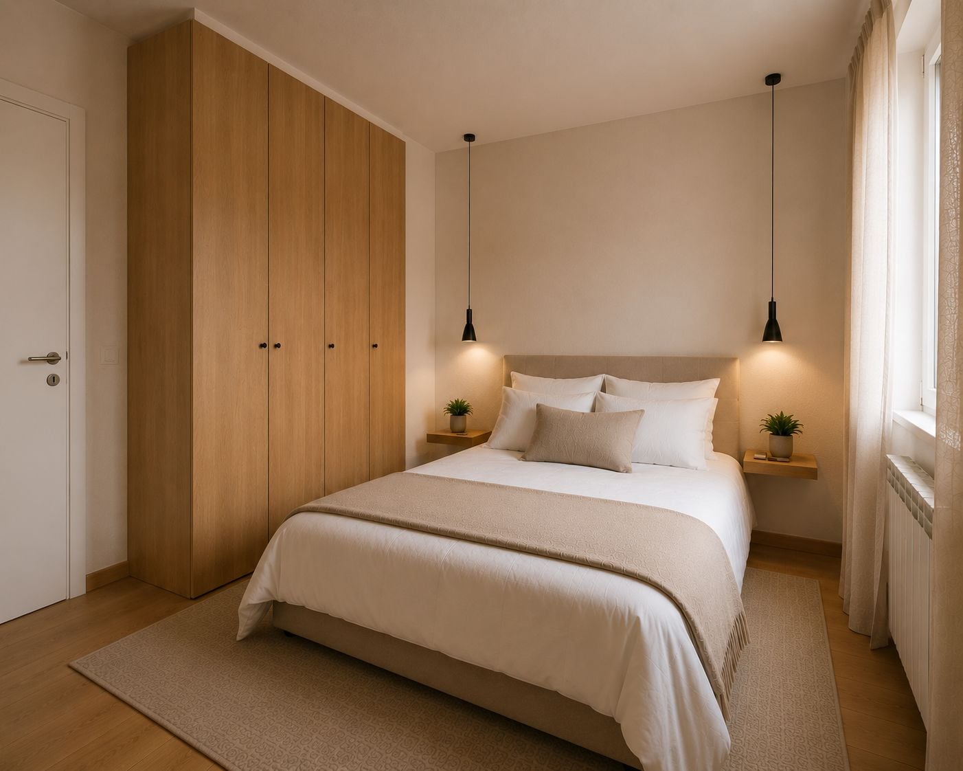 A bedroom with a bed, bedside tables, a wardrobe, and a hanging light fixture.
