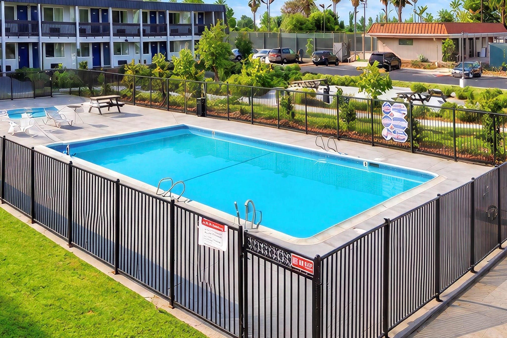 A rectangular swimming pool with a black fence, surrounded by a grassy area and a building with multiple windows in the background.