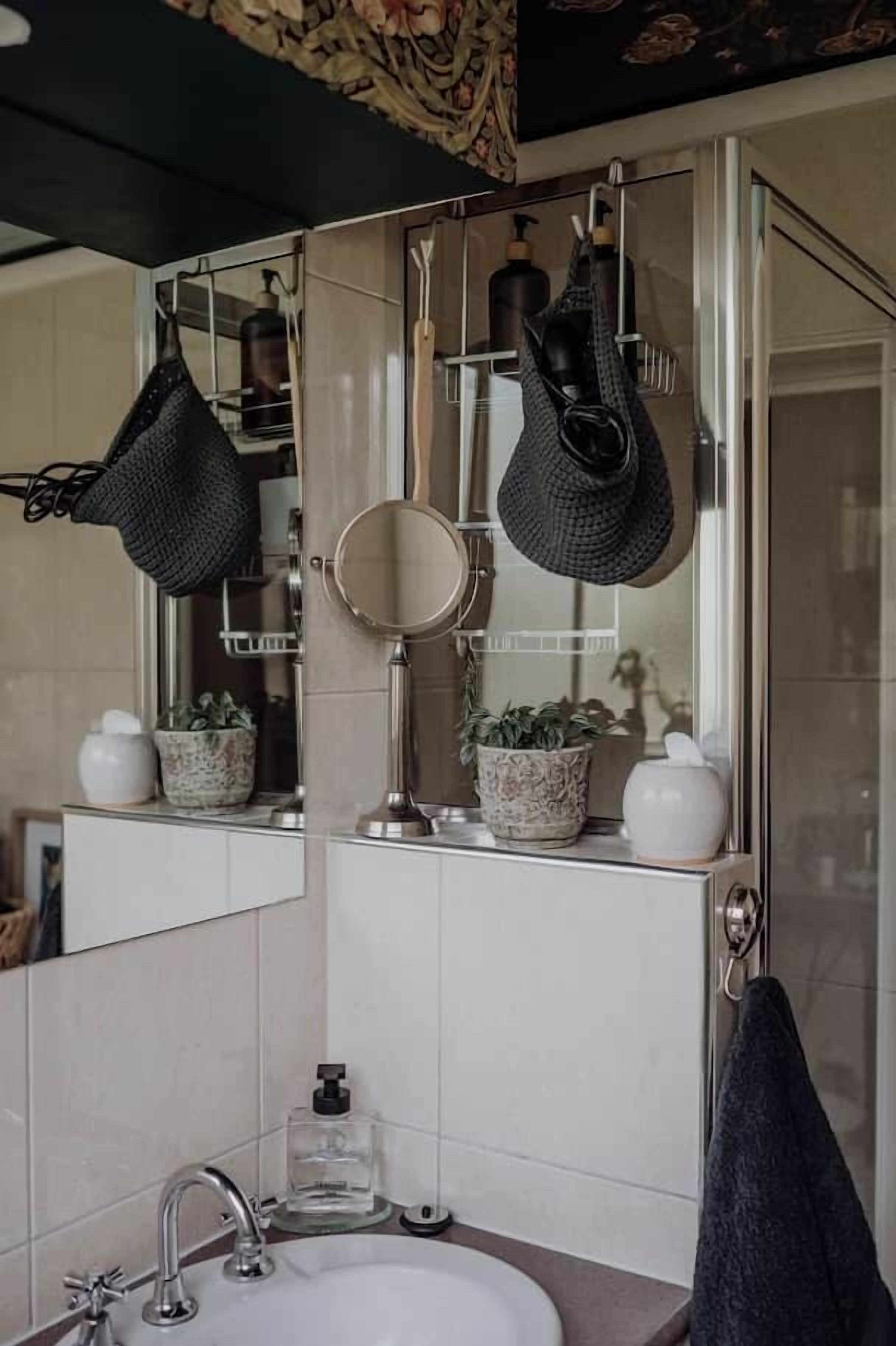 A bathroom with a mirror, sink, towel rack, and potted plants.