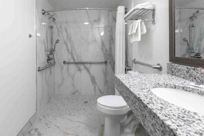 Une salle de bain avec douche, toilettes et lavabo.