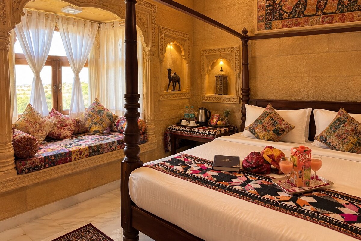 A four-poster bed with a patterned bedspread, a bedside table with a tray of fruit and drinks, and a window seat with cushions.