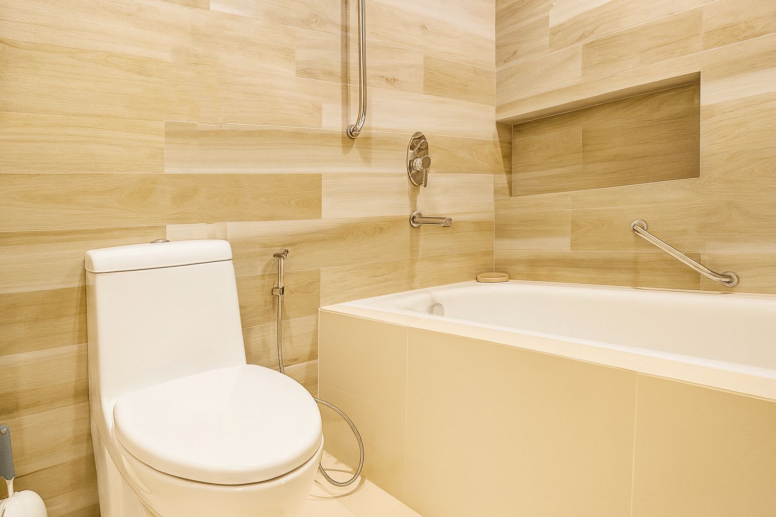 A bathroom with a toilet, a bathtub, and a shower.