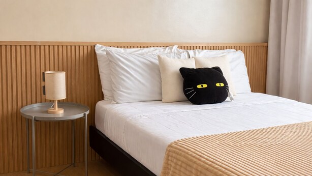 Ein Hotelzimmer mit einem Bett, einem Nachttisch mit Lampe und einem Kissen in Form einer schwarzen Katze.