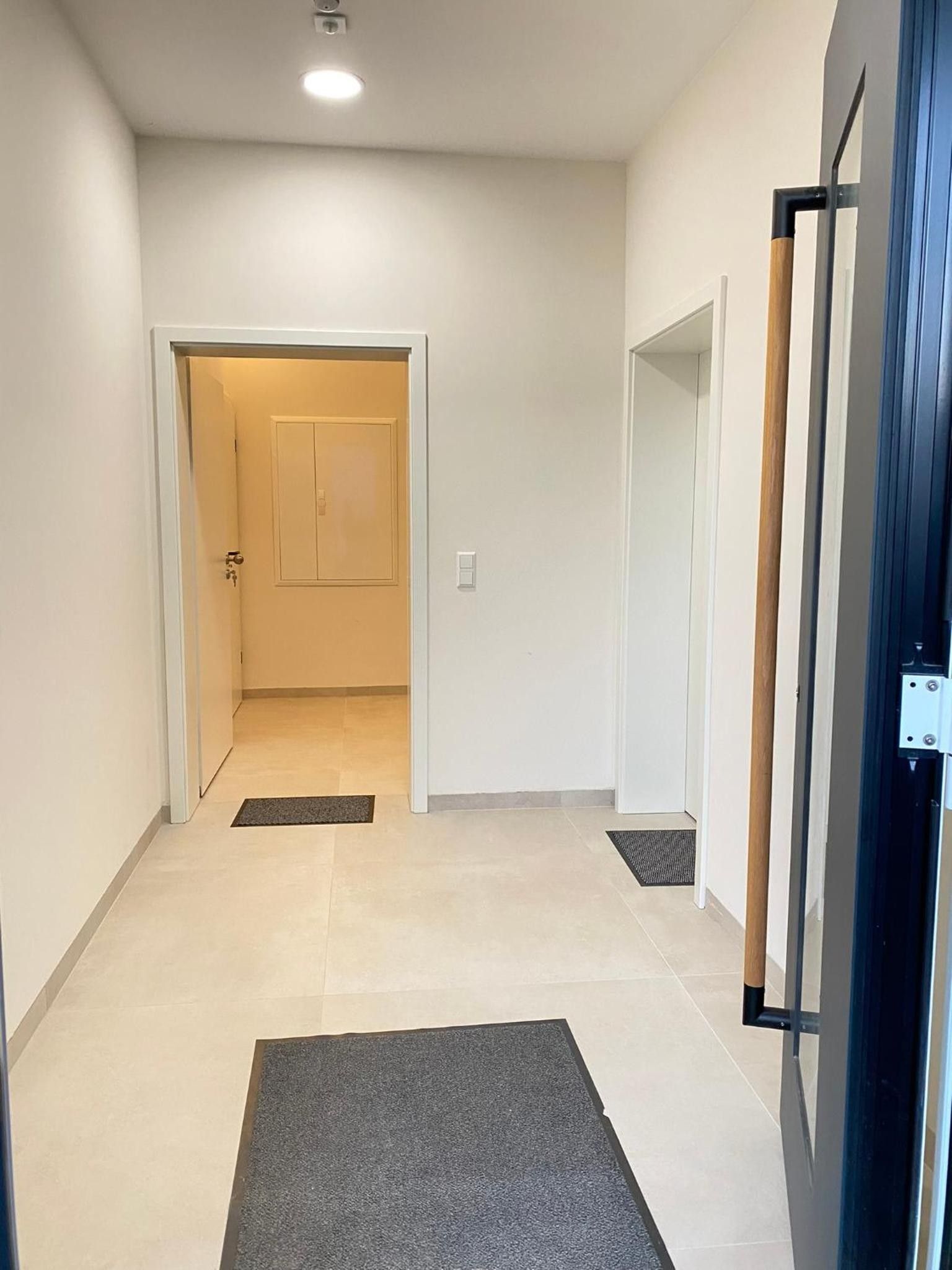 A hallway with a door leading to a room, a doormat, and a door frame.