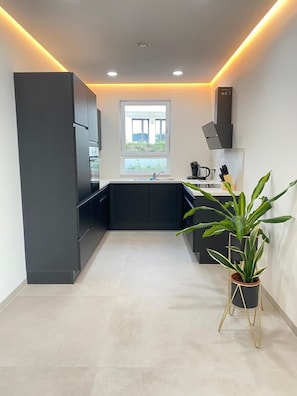 Una cocina moderna con armarios oscuros, un ventanal y una planta en maceta.