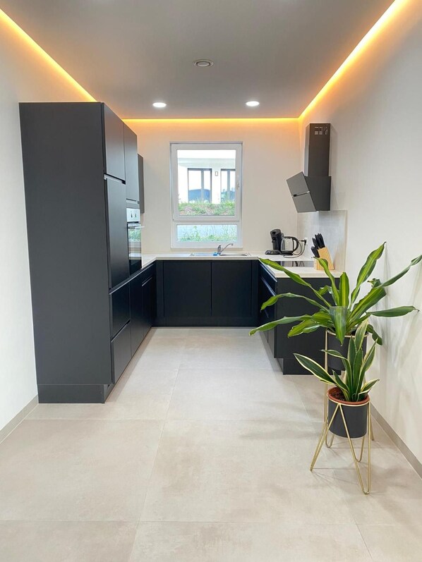 A modern kitchen with dark cabinetry, a window, and a potted plant.