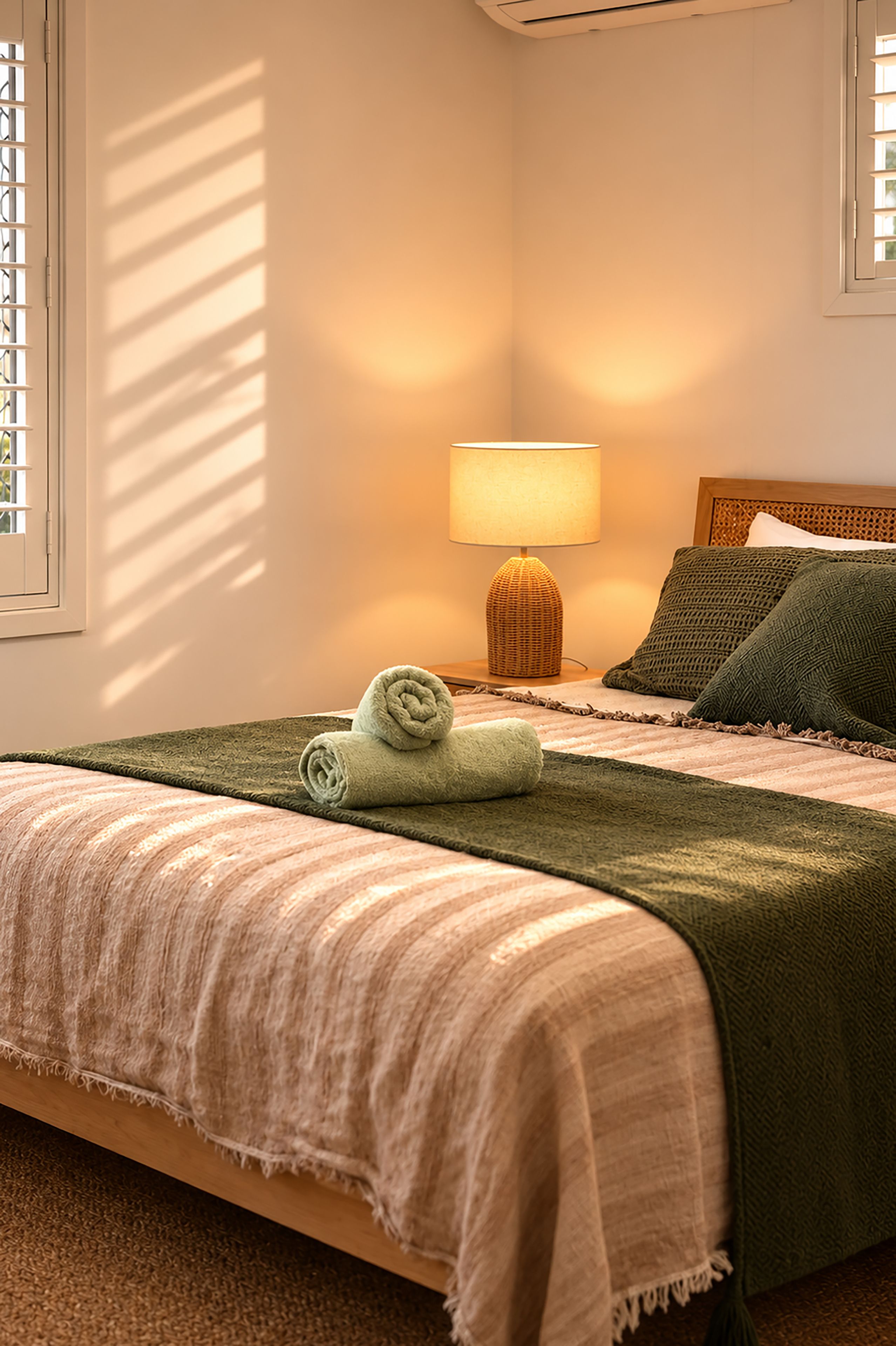 A neatly made bed with a green blanket and rolled towels, a bedside lamp, and a headboard with a woven texture.