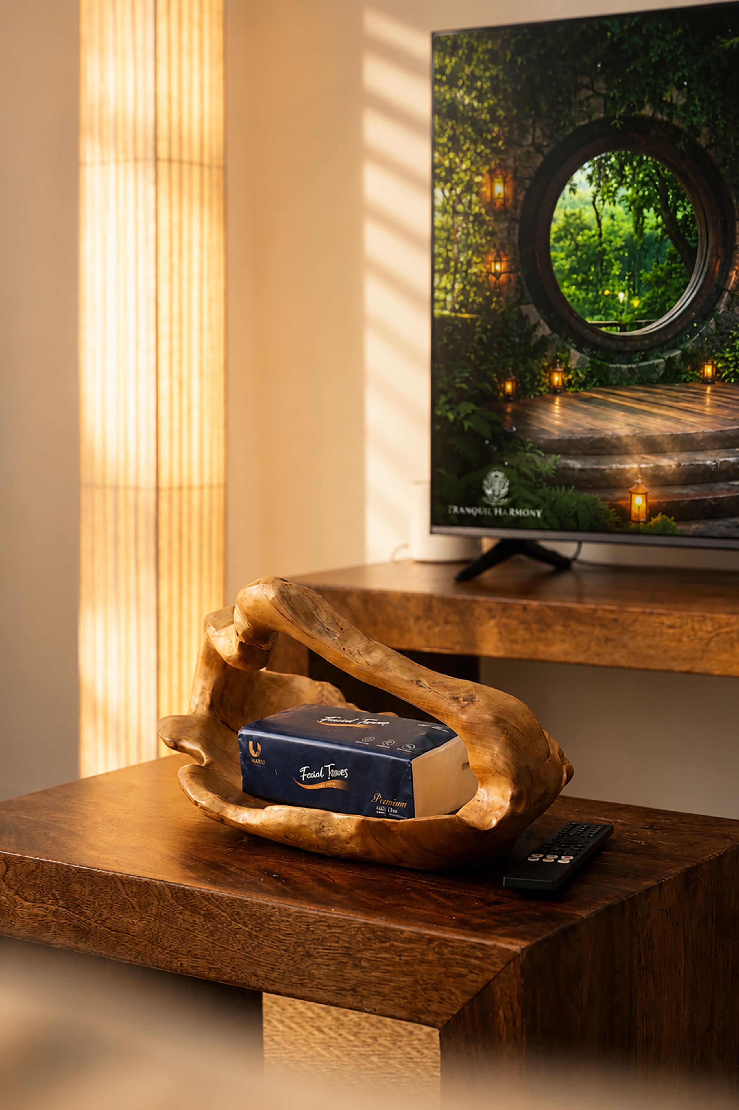 A wooden table with a remote control, a box of facial tissues, and a framed picture of a forest pathway with lanterns.