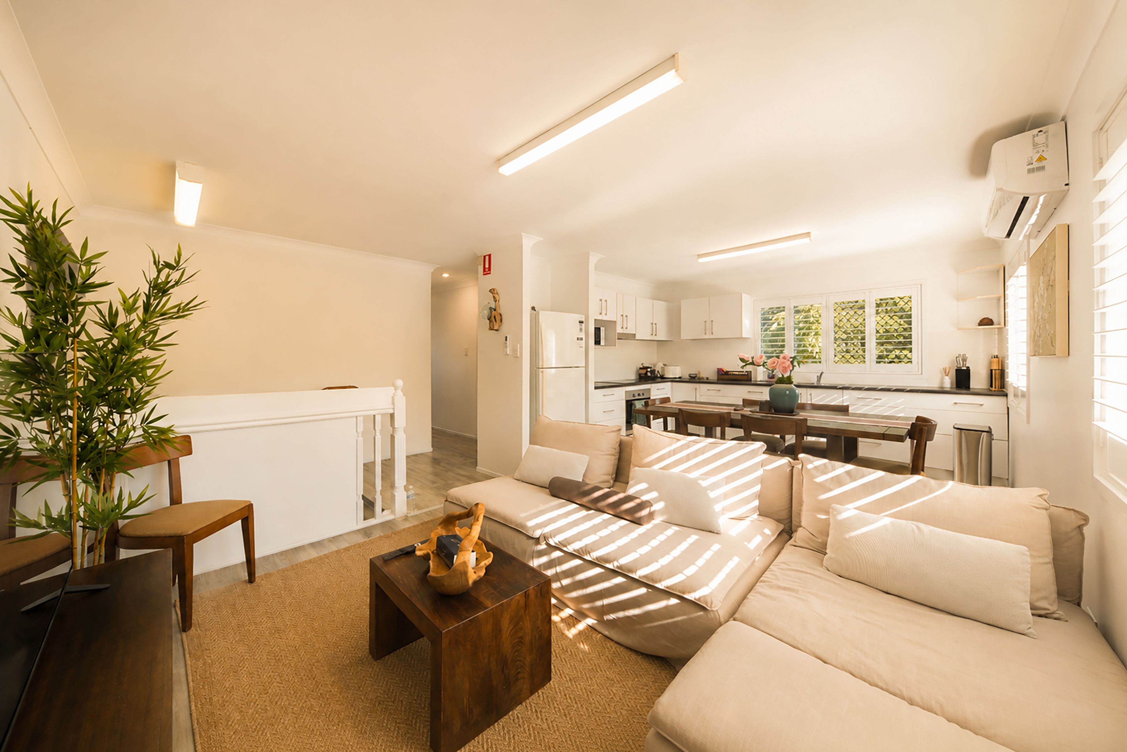 A modern living room with a sofa, coffee table, and a plant.
