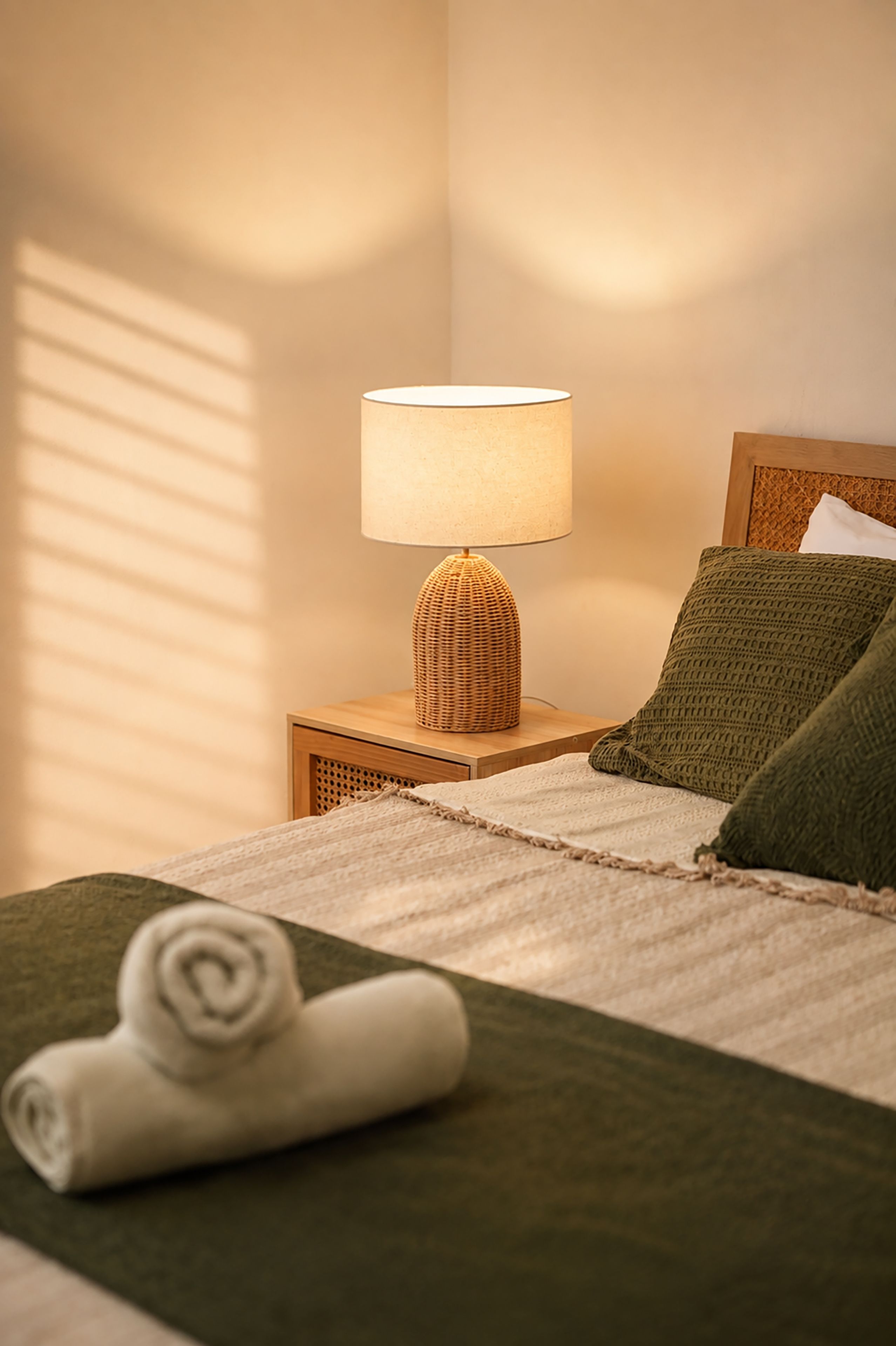 A neatly made bed with a rolled towel, a bedside lamp, and a pillow on a wooden nightstand.
