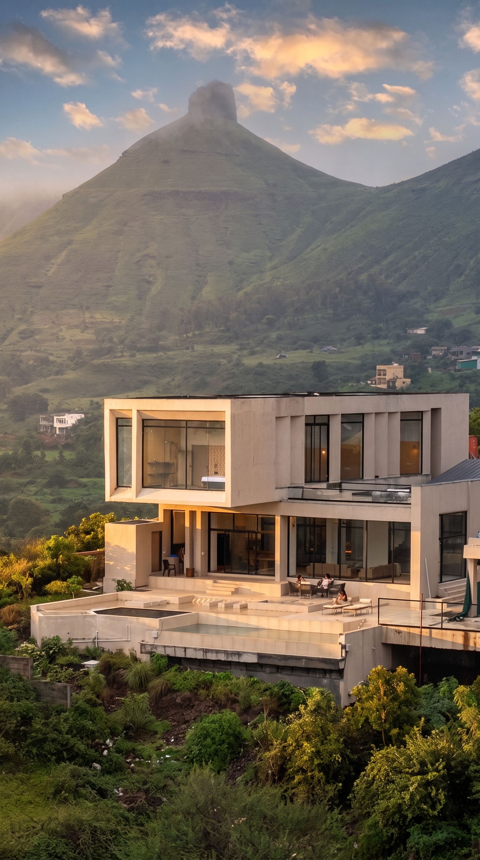Une maison moderne à deux étages, dotée d’un toit plat et de grandes fenêtres, entourée d’une végétation luxuriante et avec une montagne en toile de fond.