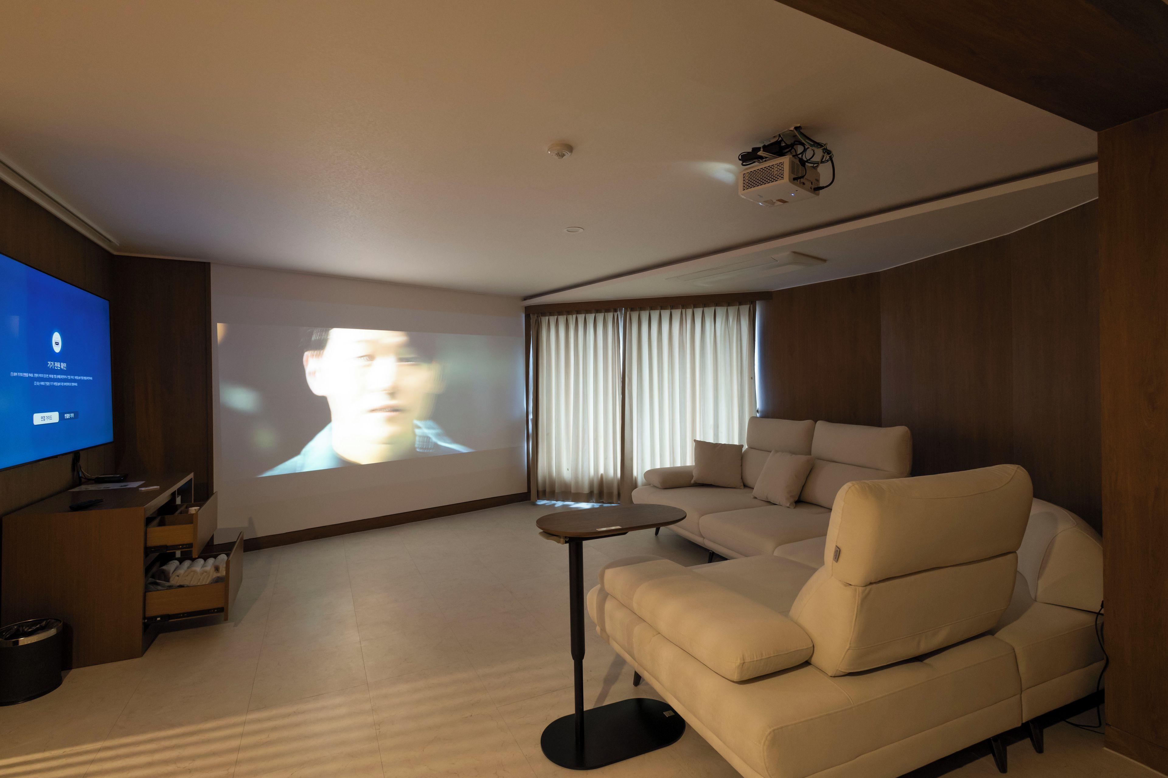 Una sala de estar moderna con un televisor de pantalla plana grande, un sofá, una mesa de centro y una pantalla para proyector.
