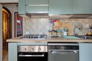 A kitchen with a gas stove, stainless steel appliances, and a tiled backsplash. - Villa "Villino Arsella" with mountain view, balcony, and air conditioning (Pietrasanta)