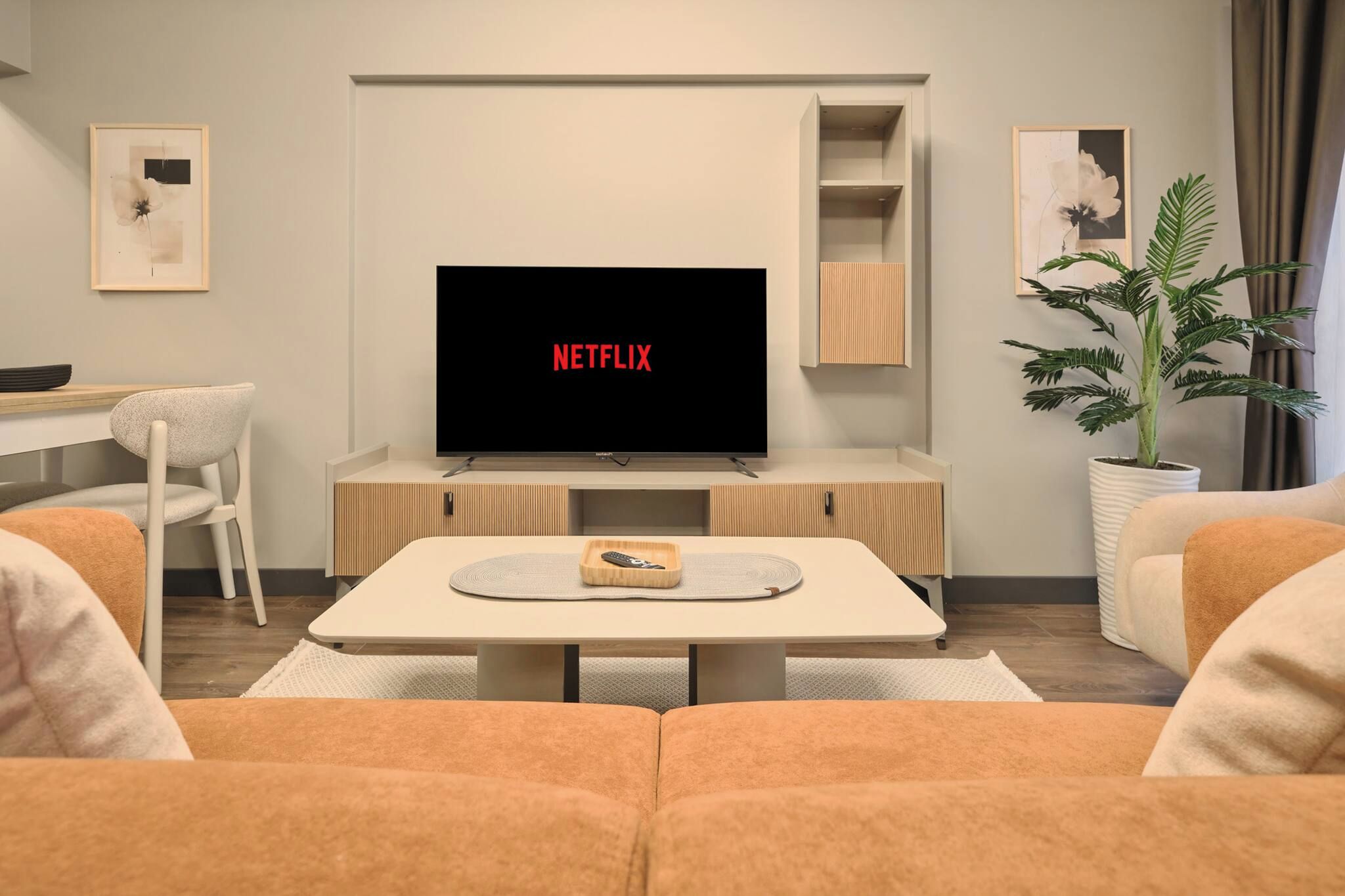 A living room with a flat-screen TV displaying 'NETFLIX,' a white sofa, a coffee table, and a potted plant.