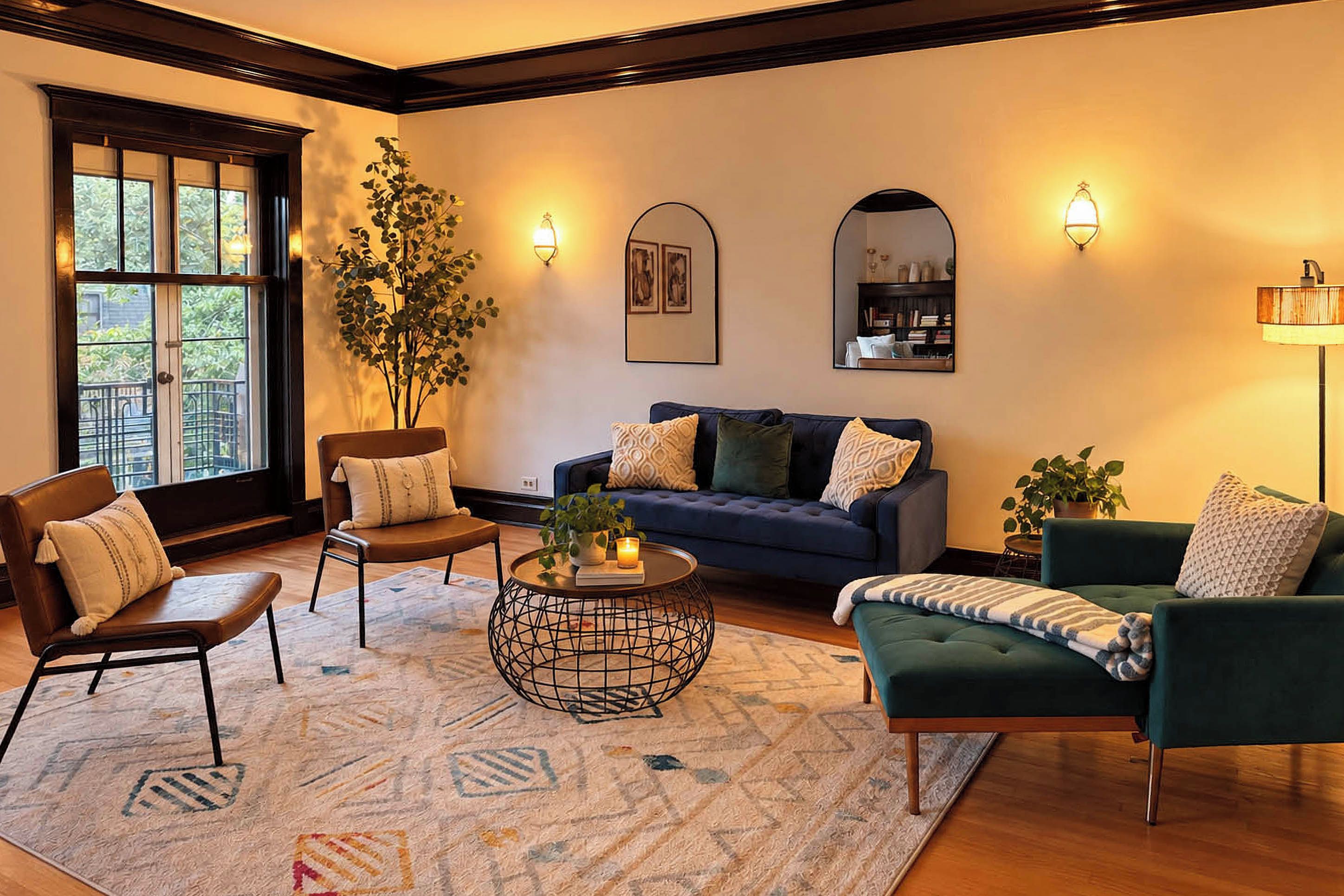 A living room with a sofa, chairs, a coffee table, and a large window.