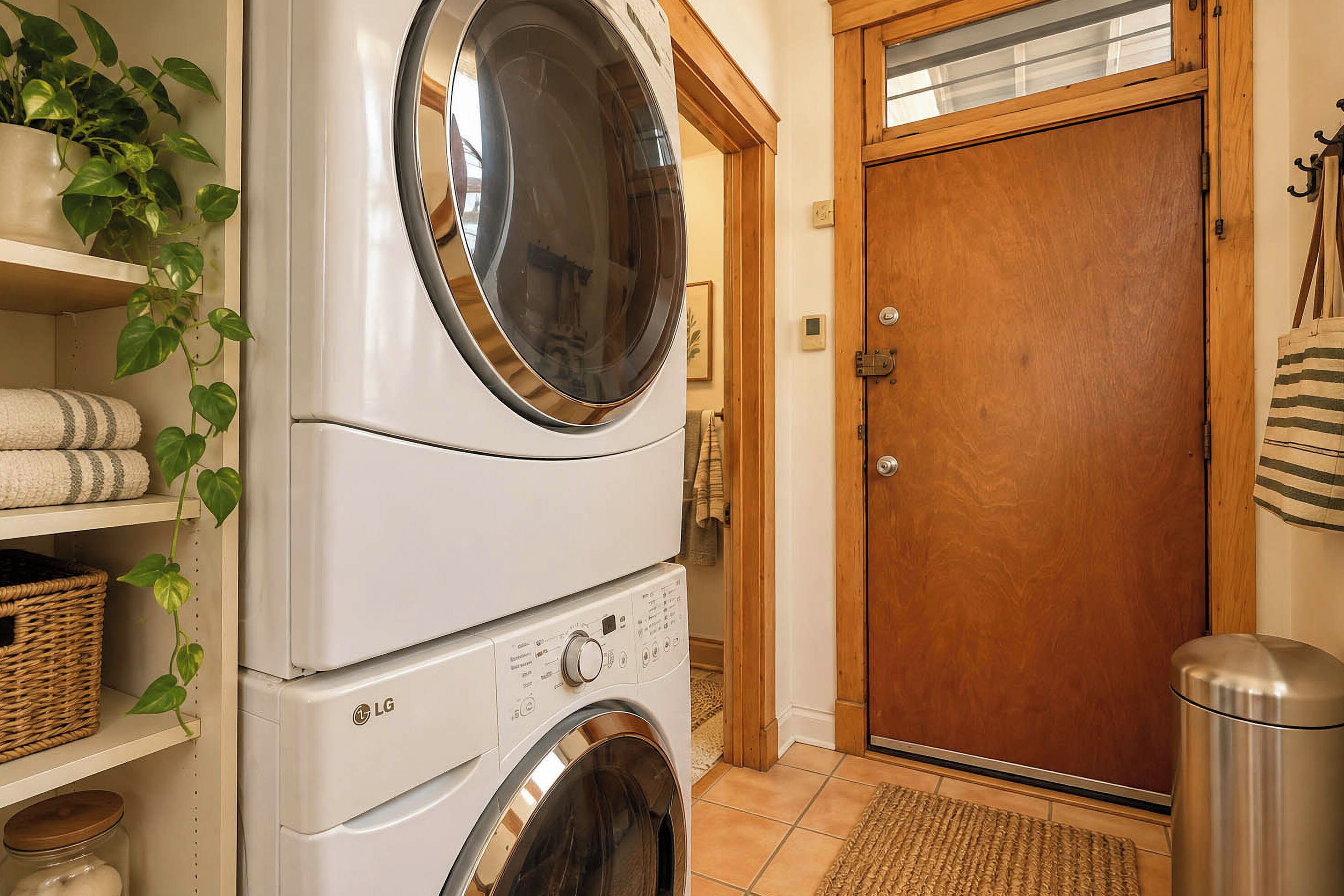 A laundry area with stacked washers and dryers, a wooden door, and a shelf with towels and baskets.