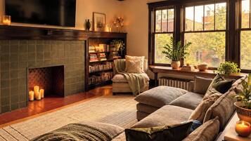 Una sala de estar acogedora con chimenea, estanterías, un sofá cómodo y vistas a árboles a través de amplias ventanas.