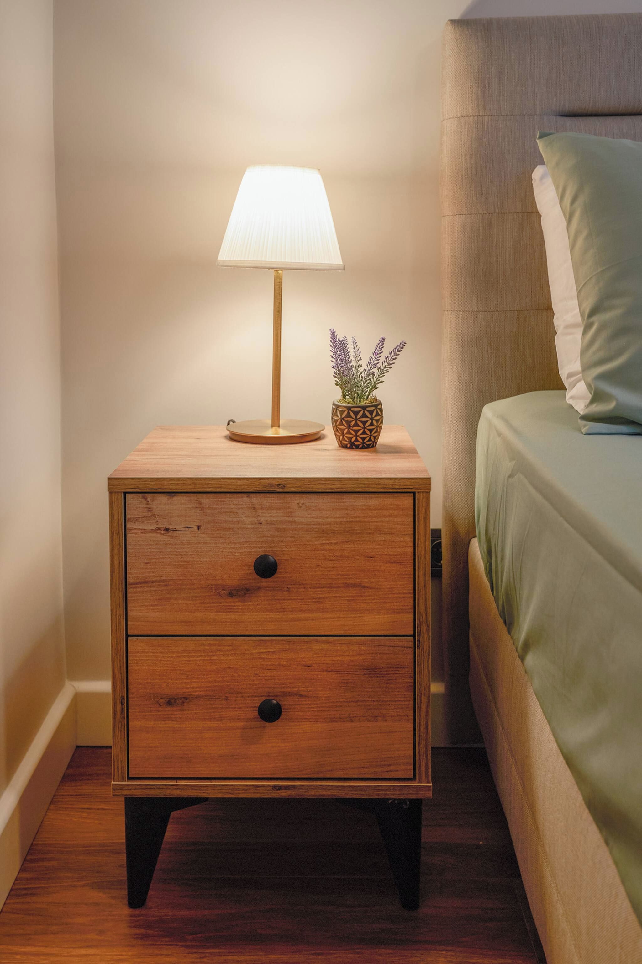 A wooden bedside table with a lamp and a small potted plant.
