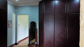 Un pasillo con una puerta, un espejo y un armario.