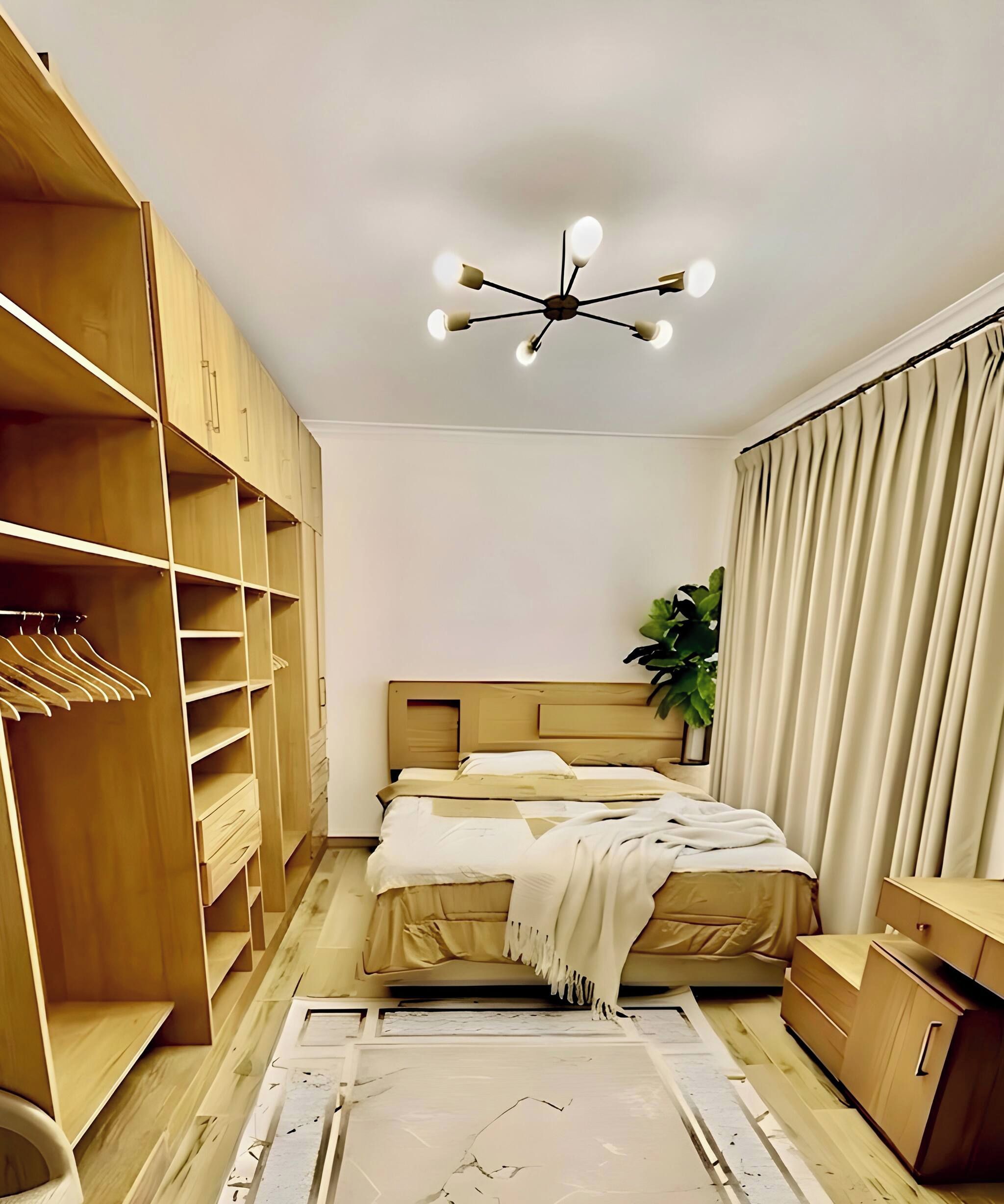 Una camera da letto con un letto, un armadio, una lampada a soffitto e una pianta.