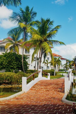 A paved pathway leading to a white building with a red-tiled roof, surrounded by palm trees and greenery.