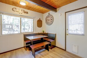 A room with a wooden ceiling, a wall clock, a bench, and a window with blinds. - 1 Mi to Snow Play! 4-Season Big Bear Escape (Big Bear)