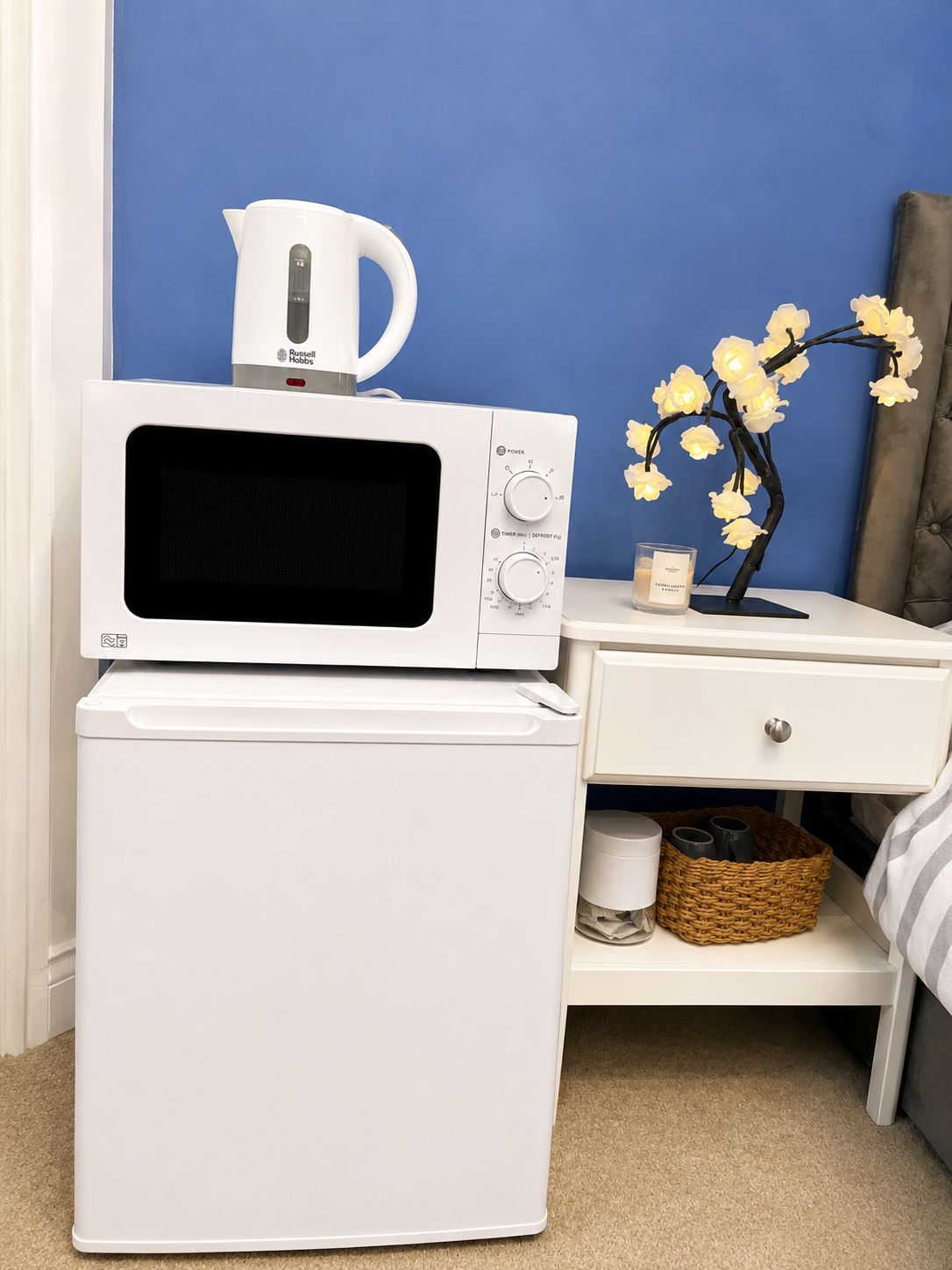 A compact kitchenette with a microwave, a small refrigerator, a white cabinet, and a decorative plant.