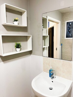 Een badkamer met een witte wastafel, twee witte planken met planten, een spiegel en een deur naar een andere kamer.