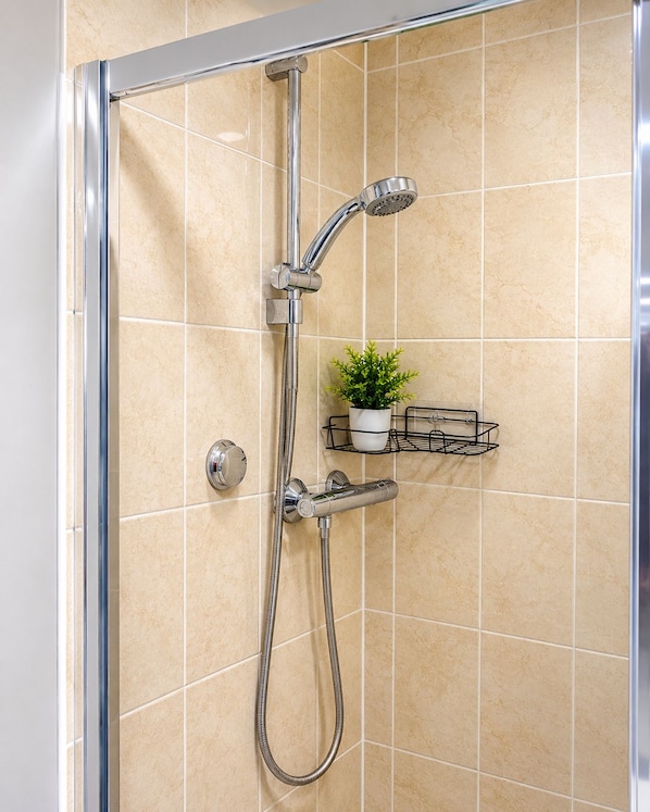 Eine Duschkabine mit Handbrause, am Wand montiertem Wasserhahn und einer kleinen Ablage mit einer Pflanze.