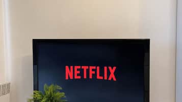 A television with the Netflix logo on the screen, a potted plant, and a framed artwork on the wall.