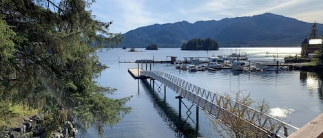 A calm lake with a dock extending into the water, surrounded by trees and mountains in the background.