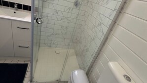 Un baño con ducha envuelta en vidrio, inodoro blanco e lavamanos con encimera negra.