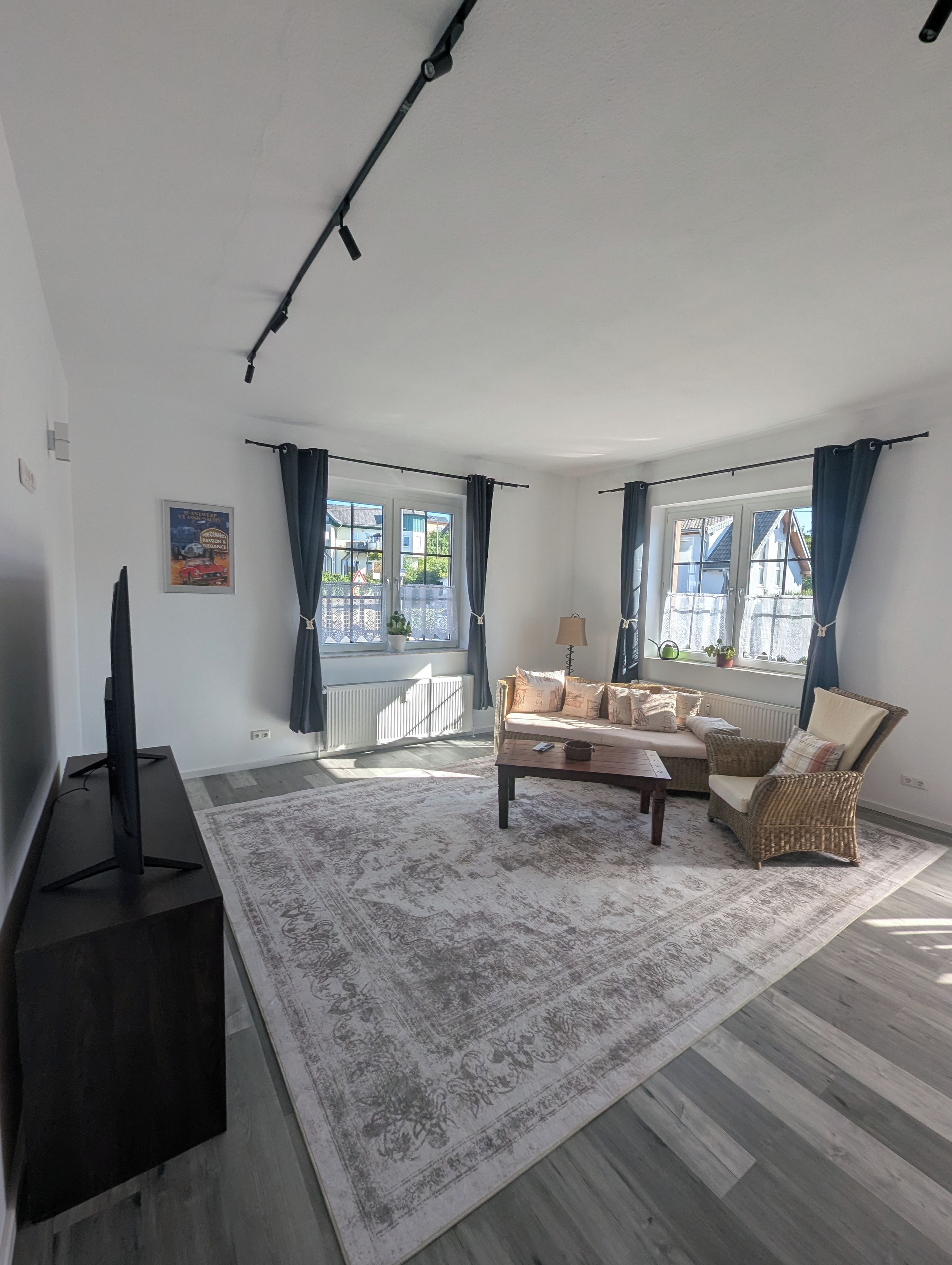 Una sala de estar con sofá, una mesa de centro, un televisor sobre un mueble bajo y un tapete estampado.