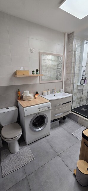 A modern bathroom with a toilet, washing machine, and shower area. - Saint Julien, Historic Center (Chartres)