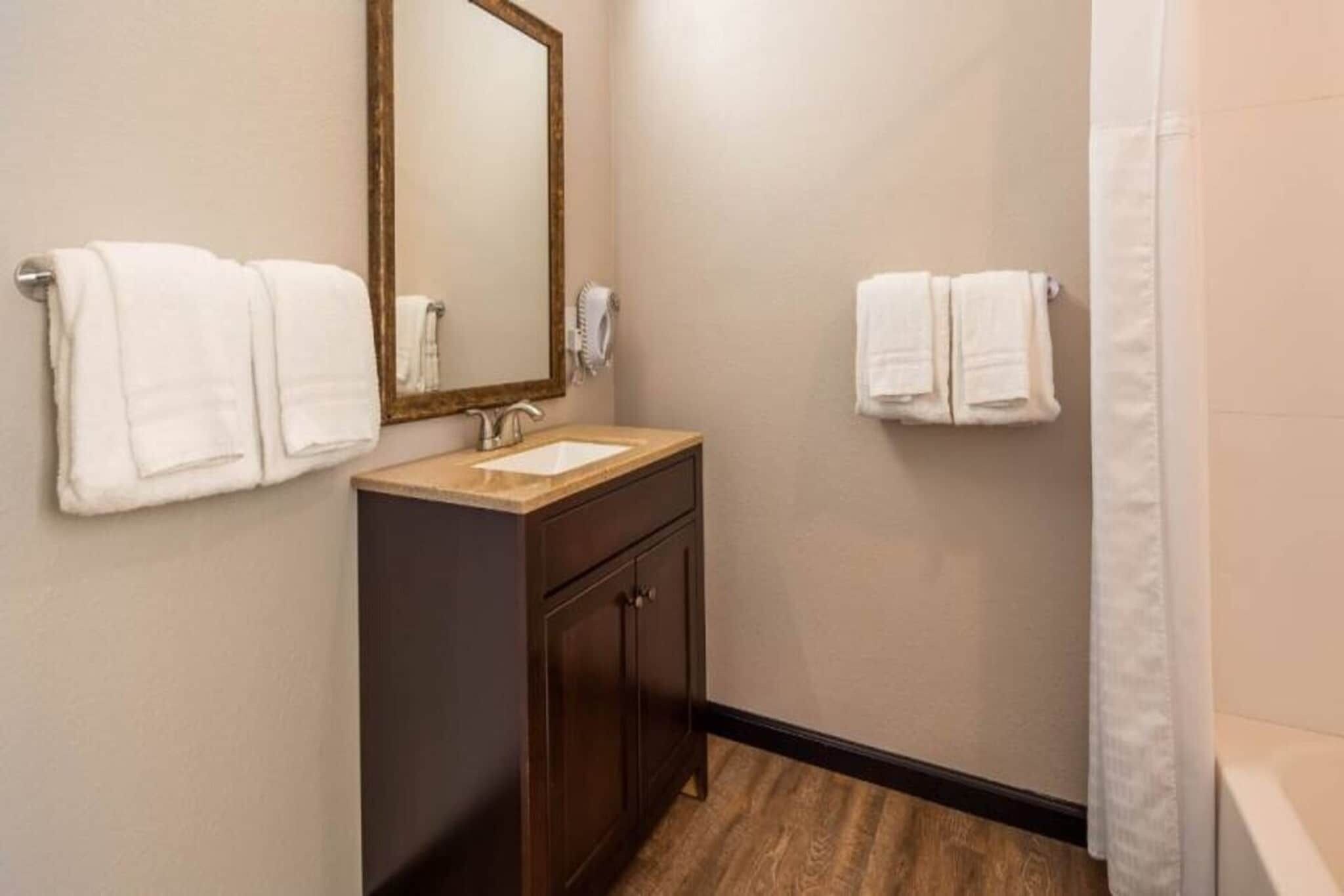 Un bagno con lavandino, specchio, porta asciugamani e tenda della doccia.